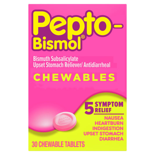 Pepto Bismol Chewables, Upset Stomach Relief, Bismuth Subsalicylate, Multi-Sympton Relief of Gas, Nausea, Heartburn, Indigestion, Diarrhea, Cherry Flavor, 30 Tablets