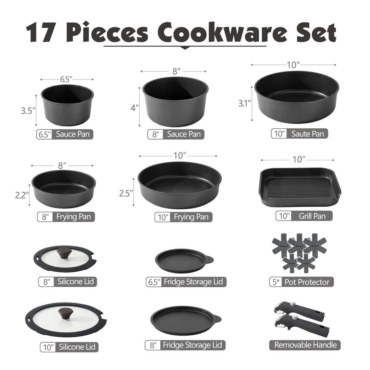 SENSARTE 17 Piece Pots and Pans Set, Nonstick Detachable Handle Cookware Set, Induction Kitchen Cookware Set with Removable Handle, Healthy Non Stick for RV, Dishwasher & Oven Safe, PFOA Free (Black)