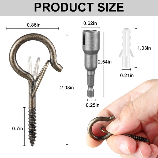 FSAH 48 PCS Q-Hanger Hooks, Screw Hooks for Outdoor String Lights, Safety Buckle Design Cup Eye Hook for Hanging Christmas Lights, Plants, Mounted on Wall Ceiling, Include 1 Wing Nut Driver, Copper