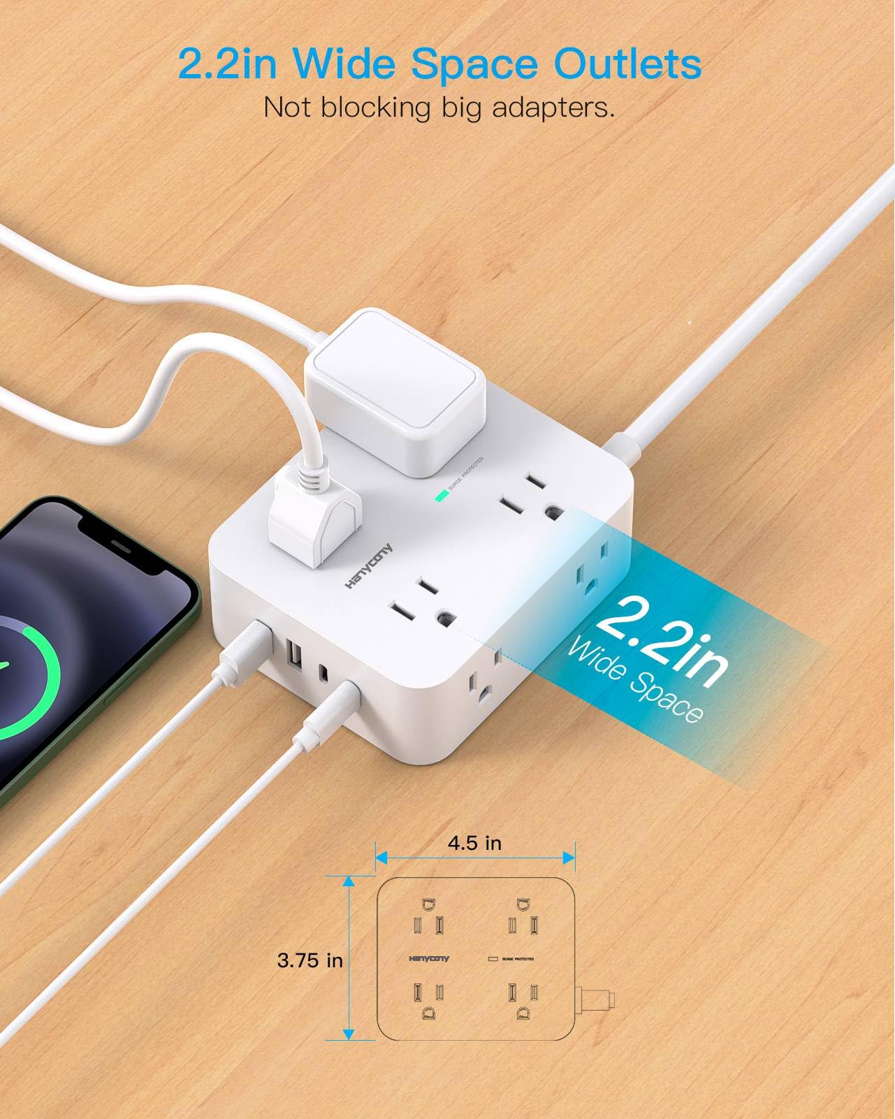 Extension Cord 10 Ft, HANYCONY Surge Protector Power Strip with 8 Widely Outlets 4 USB Ports (2 USB C), 3-Side Outlet Extender Strip, Wall Mount, Ideal for Home Office College Dorm Room Essentials