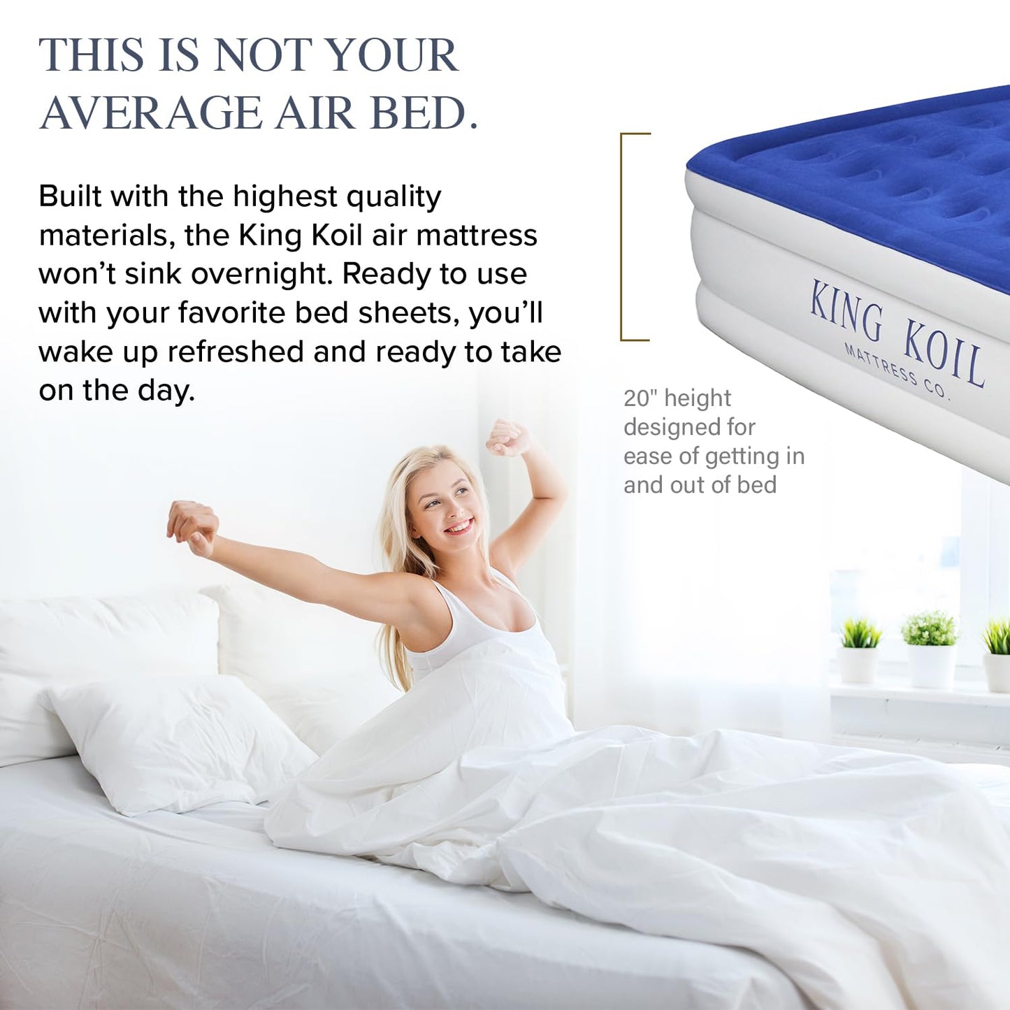 King Koil Luxury Queen Air Mattress with Built-in Pillow & Ultra-Fast Built-in High-Speed Pump, 20″ Inflatable Premium Airbed, Waterproof, Adjustable Firmness, 1-Year Manufacturer Warranty