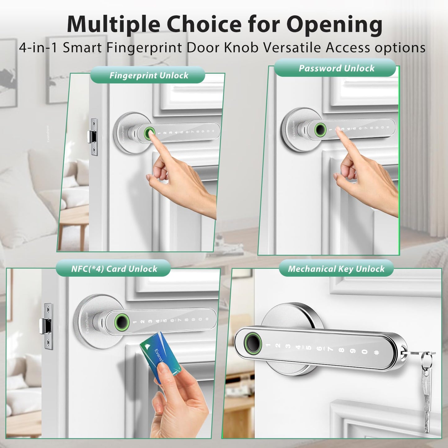 Evanshow Fingerprint Door Lock Biometric Door Knob with Keypad Keyless Entry, Door Locks for Bedrooms, Home Hotel Office Apartment Silver