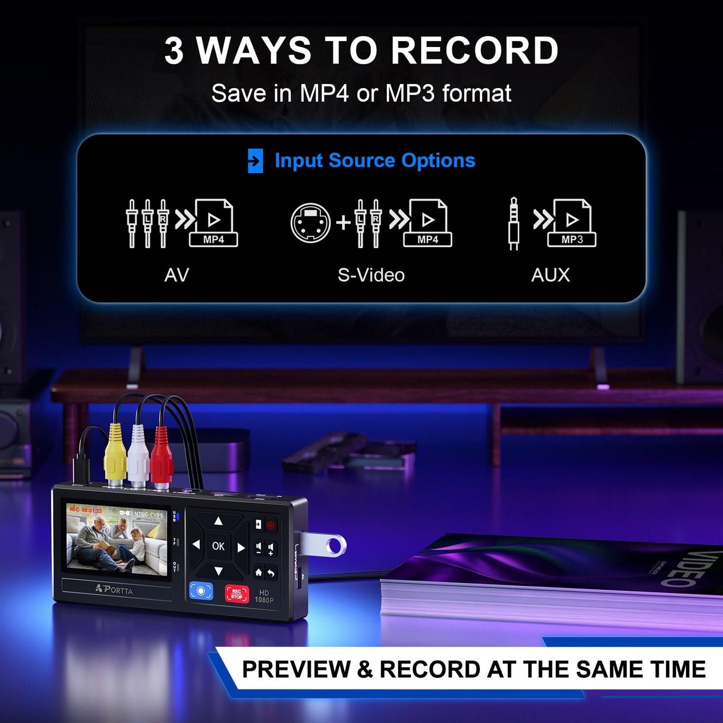 Portta VHS to Digital Converter, Video to Digital Recorder with Remote, Compatible with VHS, VCR, DVR, DVD, Hi8, Mini DV Players, Camcorder, Gaming Consoles (Tapes/DVD Player Not Included)