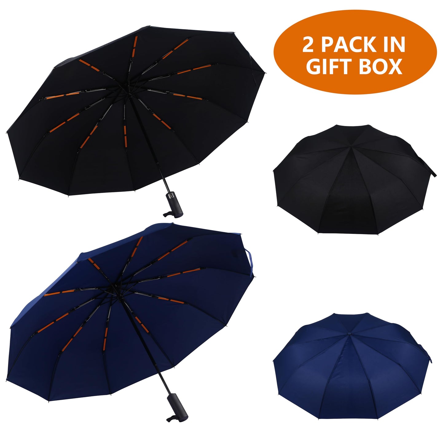 Bluinzi Double 10-Rib Compact Travel Umbrella for Rain and Sun - 46 Inch Small Automatic Folding Umbrella - Sturdy Portable Windproof Umbrella