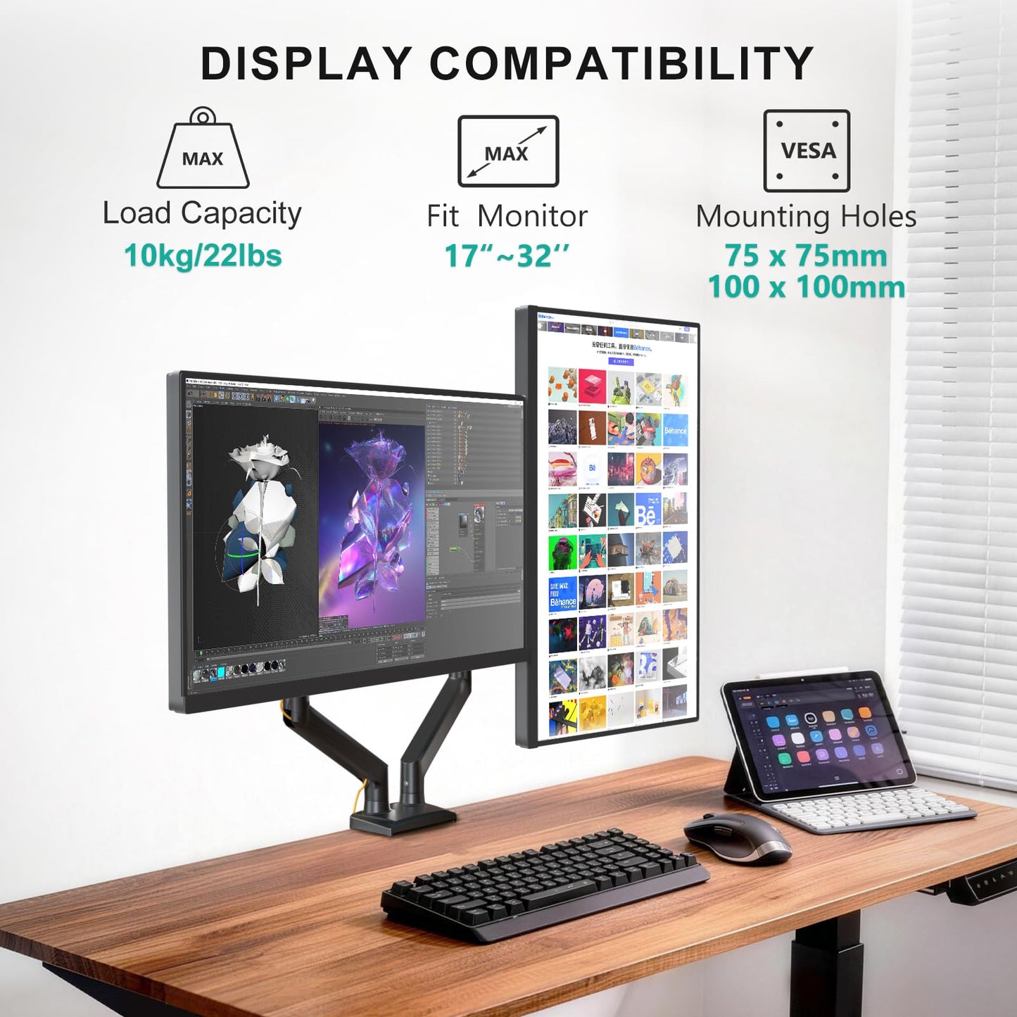 WALI Dual Monitor Stand for 17-32 inch Computer Screens, Dual Monitor Arms for 2 Monitors Holds up to 22 lbs, Height Adjustable Gas Spring Dual Monitors Mount, VESA 75x75/100x100mm (GSMP002N), Black