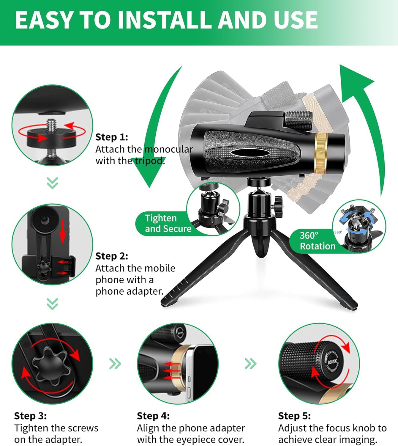 Monocular Telescope 80x100 HD Monoculars for Adults with Tripod, Monoculars for Bird Watching Stargazing Camping Hiking Hunting Wildlife Travel-Black