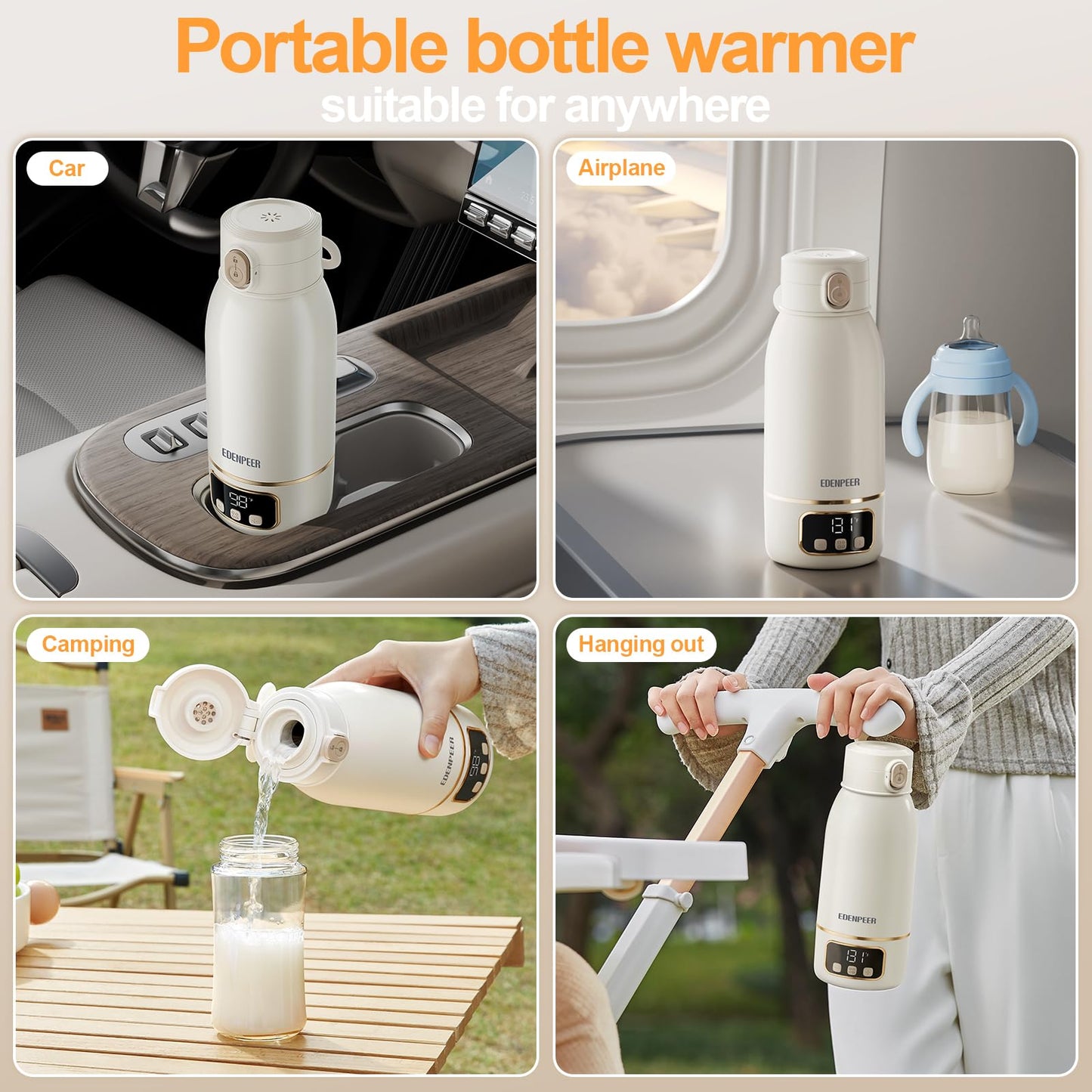 EDENPEER Portable Milk Warmer for Travel, Cordless Bottle Warmer,Instant Breastmilk, Formula, Water, Milk Warmer with 17 Ounces Big Capacity& Extended Battery Life, Super Fast Charging