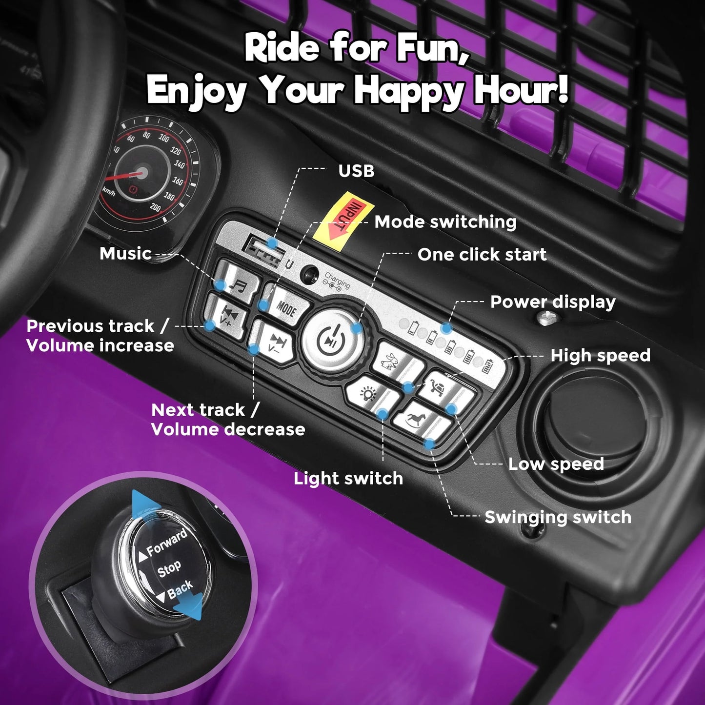 FUNTOK 12V 7AH 2 Seater Electric Ride on Truck, Kids Battery Powered Ride Toy, Motorized Car for Toddlers w/ Remote Control, Bluetooth, Spring Suspension, MP3 Player & LED Lights,Purple