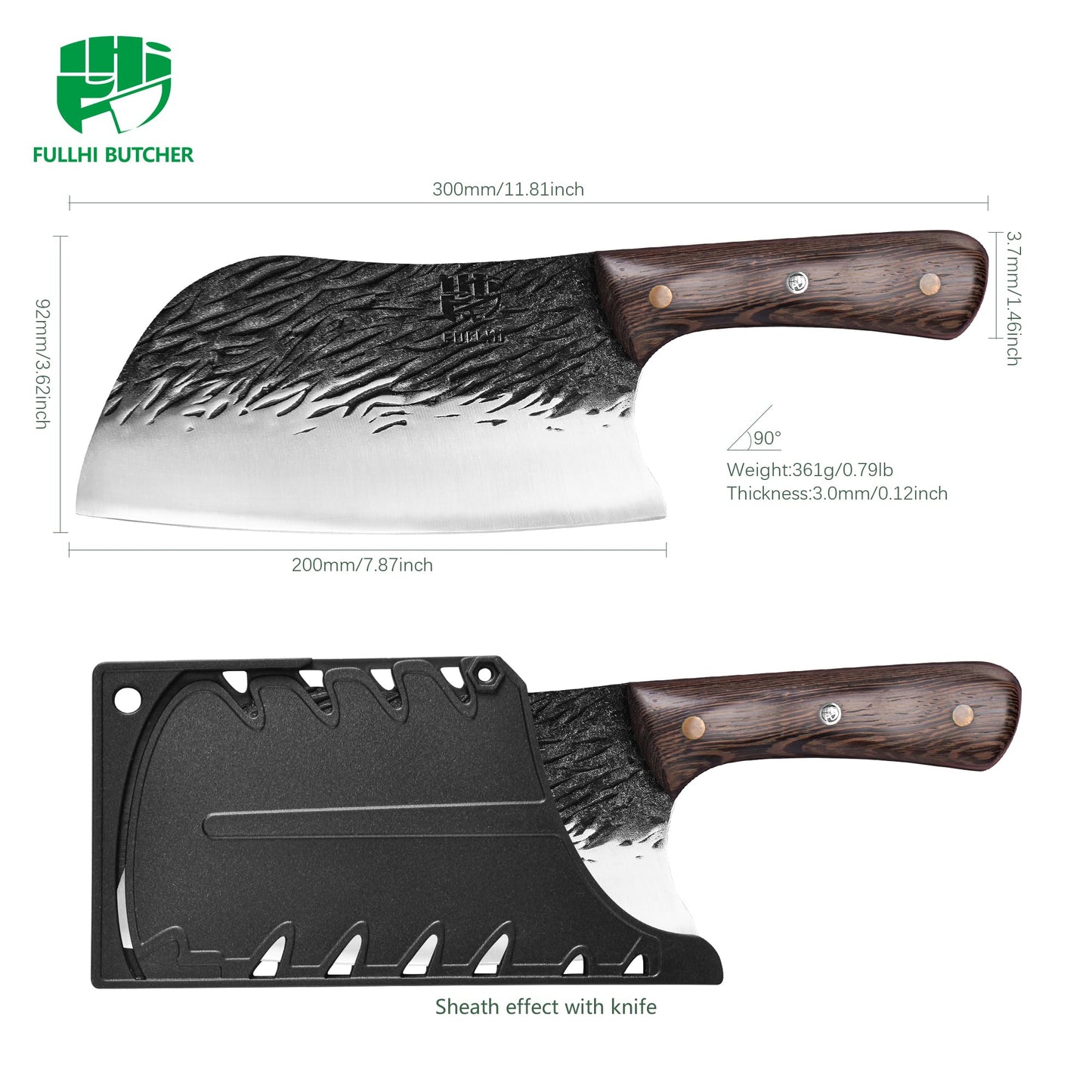 FULLHI Butcher Knife, Multi-color Wood Handle Full Tang Chef Knife with Sheath, High Carbon Steel Meat Slicing Kitchen Knife for Outdoor, Camping BBQ (Brown, Serbian Chef Knife)