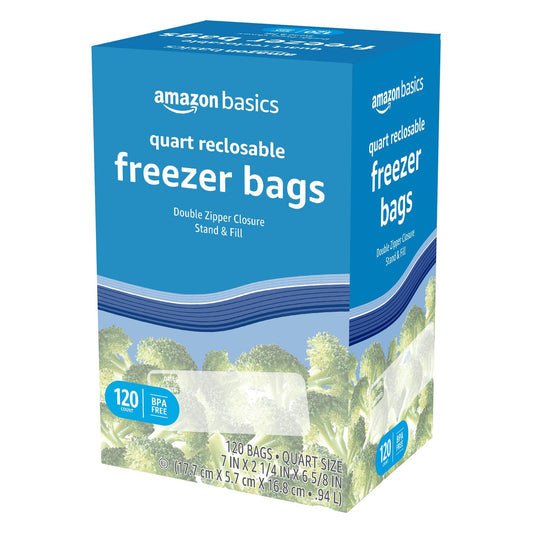Amazon Basics Reclosable Freezer Quart Bags, BPA Free, 120 Count (Previously Solimo)