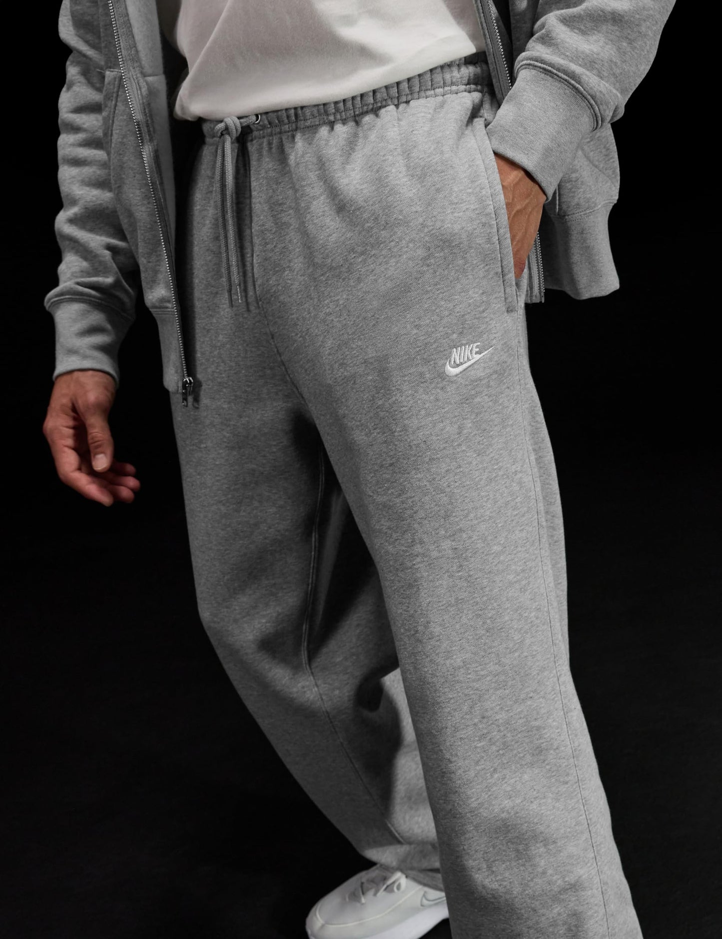 Nike Men's Club Open Hem Brushed Fleece Pants, Dark Grey Heather/Light Smoke Grey/White, Large