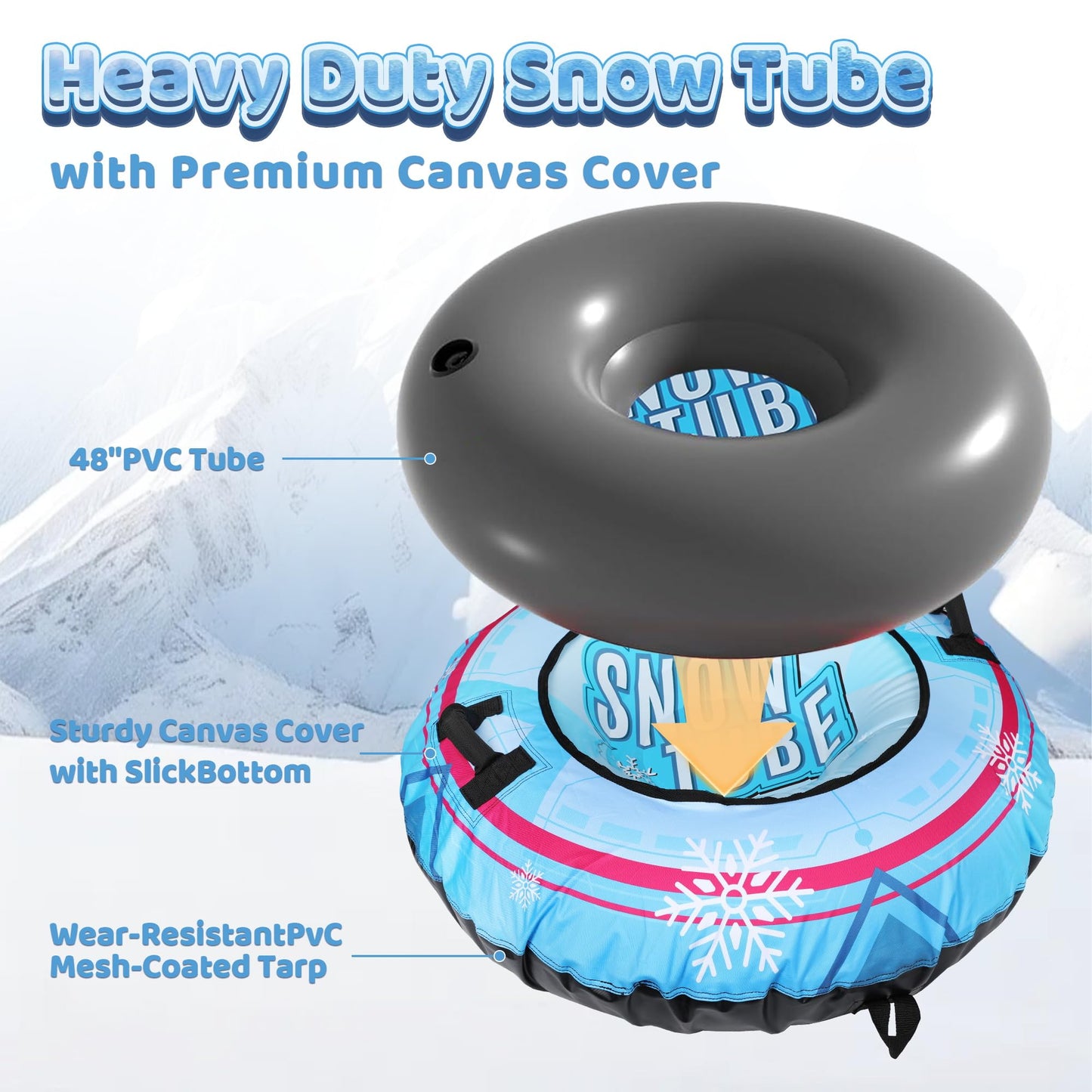 Snow Tube with Premium Canvas Cover for Kids and Adults, 48'' Inflatable Heavy Duty Snow Tube Made by Thickened Bottom, Sled Winter Outdoor Fun Toys for Children Boys Girls