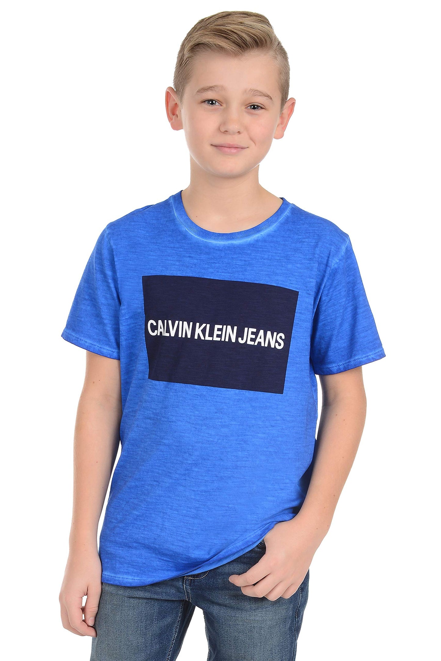 Calvin Klein Boys' Short Sleeve Graphic Crew Neck T-Shirt, Comfortable, Relaxed Fit, Washed Prince Blue, 14-16