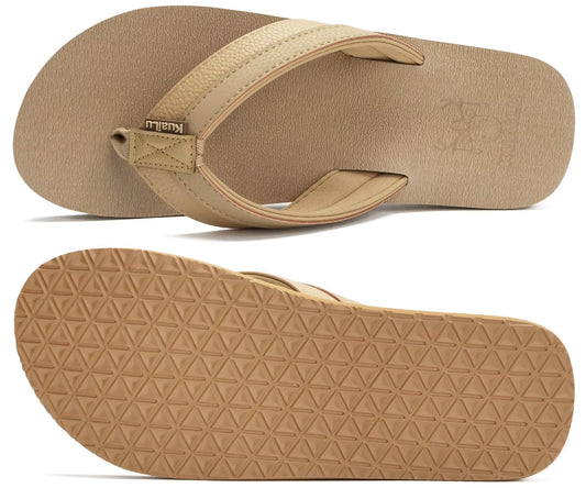 KuaiLu Men's Leather Flip Flops Arch Support Summer Beach Pool Water Thong Sandals Waterproof Rubber Walking Shoes Slip on Orthotic Casual Sport Cushioned Wide Slides Shower Slippers Apricot Size 14