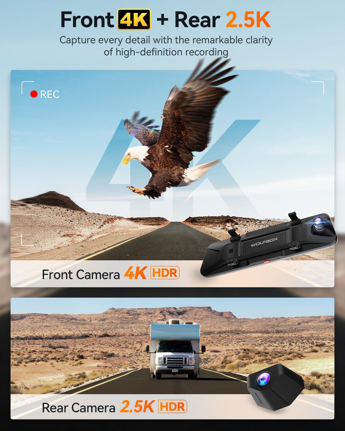 WOLFBOX G900 PRO Mirror Dash Cam with 8MP STARVIS IMX678, 12 inches Rear View Mirror Camera with Front 4K and Rear 2.5K, Included 128GB Card, Voice Control, 5.8GHz WiFi, Loop Recording, G-Sensor & GPS