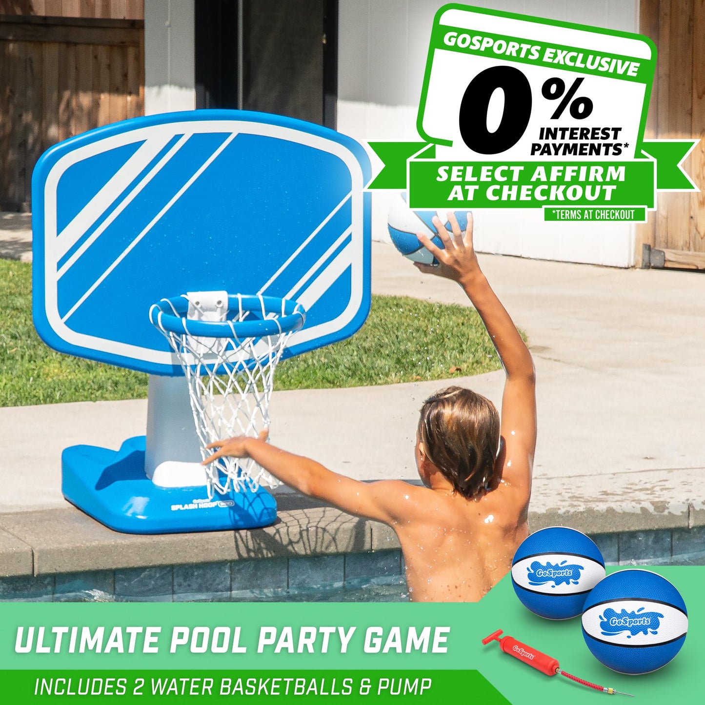 GoSports Splash Hoop PRO Swimming Pool Basketball Game - Includes Poolside Water Basketball Hoop, 2 Balls and Pump - Blue