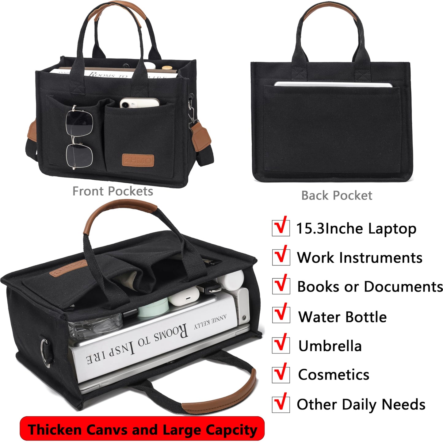 ZHMO Canvas Tote Bag for Women With Compartments and Pocket,Black Women's Bags Crossbody Bags Work Laptop Tote Bag Large Satchels Handbag Tote Purse Everyday Shoulder Bag for Travel Nurse Teacher Gift