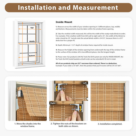 LazBlinds No Tools No Drill Cordless Bamboo Roman Shades, Light Filtering Window Treatment, Roll Up Bamboo Blinds for Windows 31'' W x 64'' H, Acorn