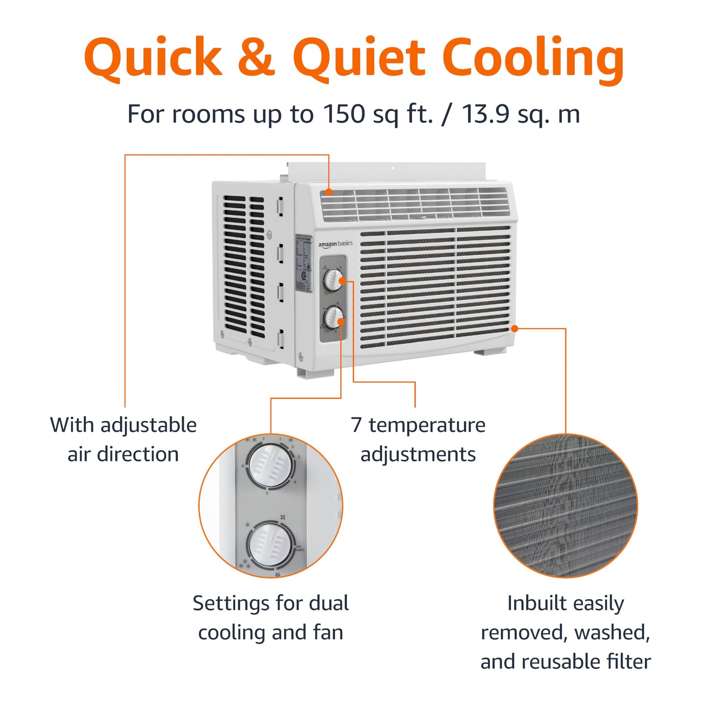 Amazon Basics 5000-BTU Small Window Air Conditioner, Up to 150 Sqf, Window AC Units with Cool and Fan Functions, Washable Filter, Adjustable Window Kit, Intuitive Mechanical Controls, White