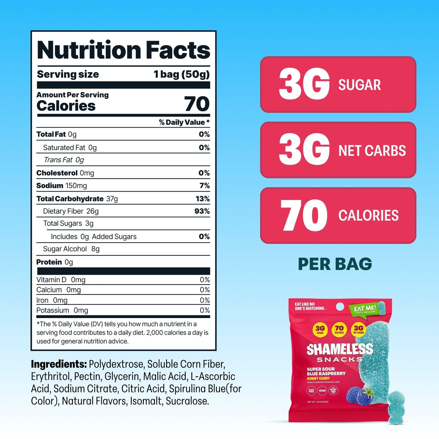 Shameless Snacks - Healthy Low Calorie Snacks, Low Carb Keto Gummies (Gluten Free Candy) - 6 Pack Sour Blue Raspberry