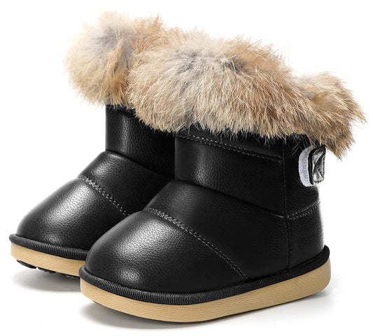 KVbabby Toddler boots Kids Snow Boots Girl's Warm Winter Boots Fur Lined Waterproof Boot PU Leather Non-slip,Black-1,8.5 M US Toddler = Label 27