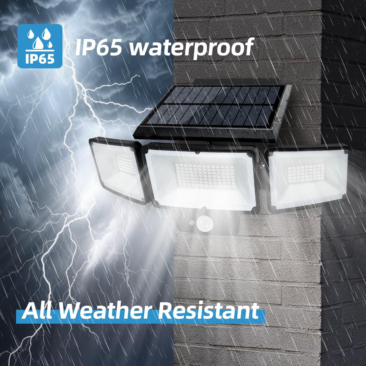 Solar Outdoor Lights with Remote Control, Motion Sensor, 3 Modes, 3 Heads LED Security Lights, IP65 Waterproof, Wide Angle
