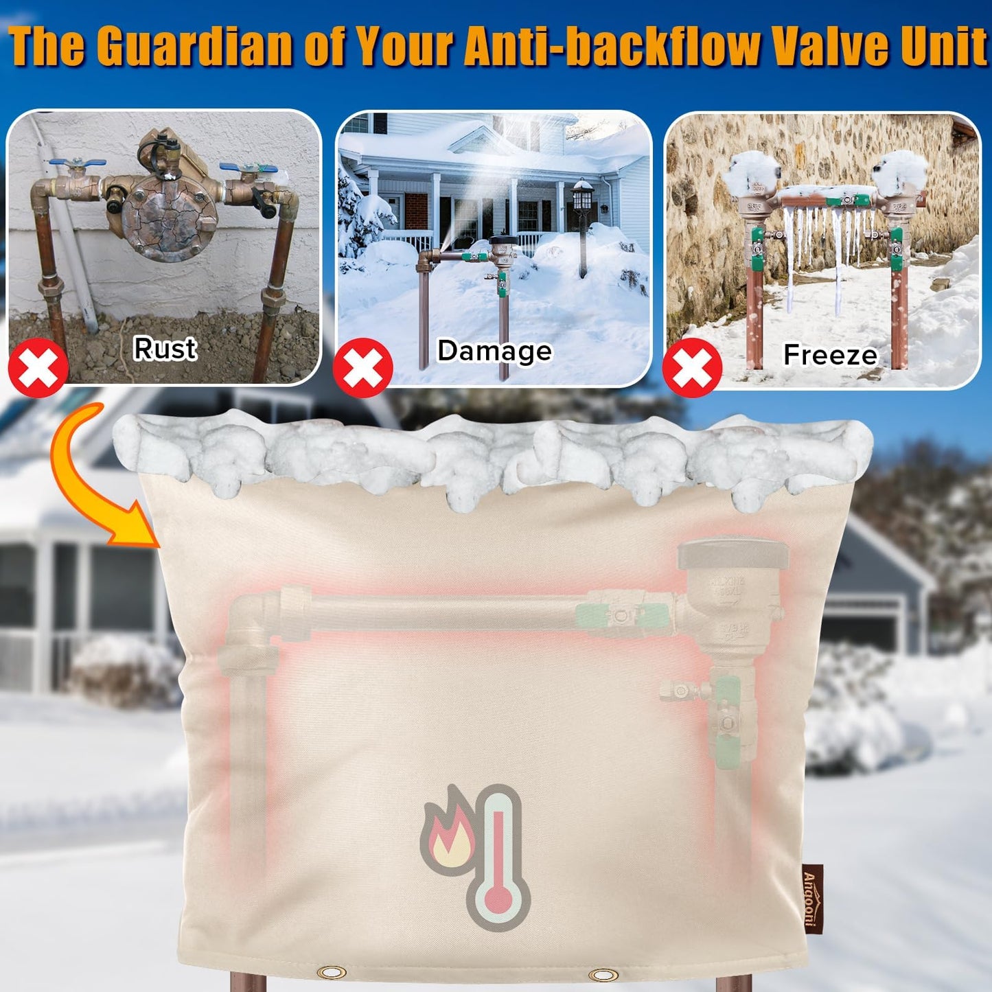 Angooni Upgraded Backflow Preventer Cover Aluminum Foil (5°F) - 30" W x 24" H Industrial 600D Winter Sprinkler Valve Covers for Outside, Anti-UV Winter-Freeze Water Well Pump Cover, Beige