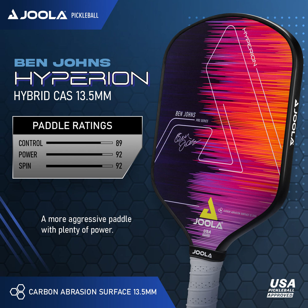 JOOLA Ben Johns Hyperion Pickleball Paddle - Carbon Surface, Elongated Handle, Polypropylene Core, Custom Cover