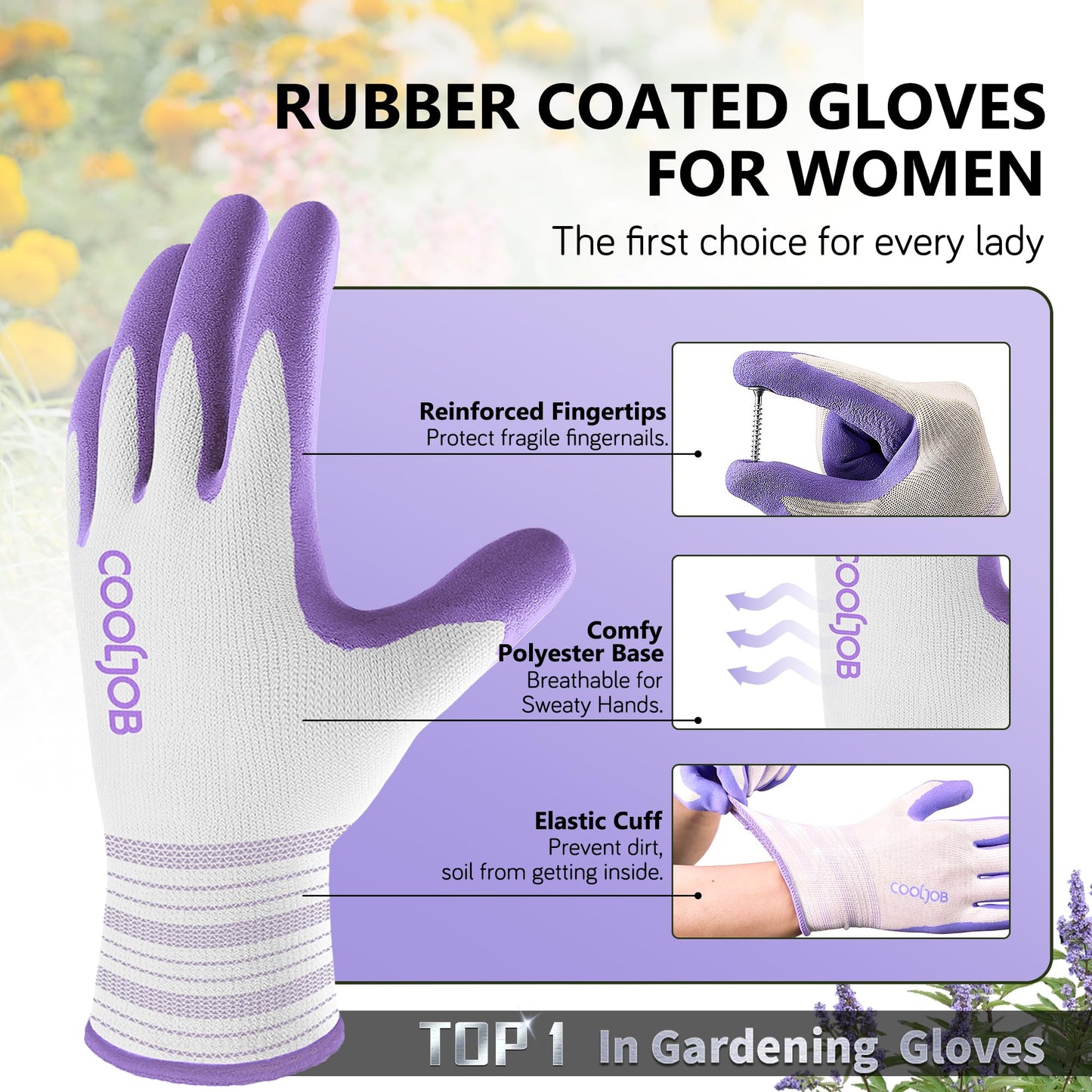 COOLJOB 2 Pairs Gardening Gloves for Women Ladies, Breathable Rubber Coated for Yard Garden, Outdoor Indoor Protective Work, Medium Size, Lavender Purple & Apple Green