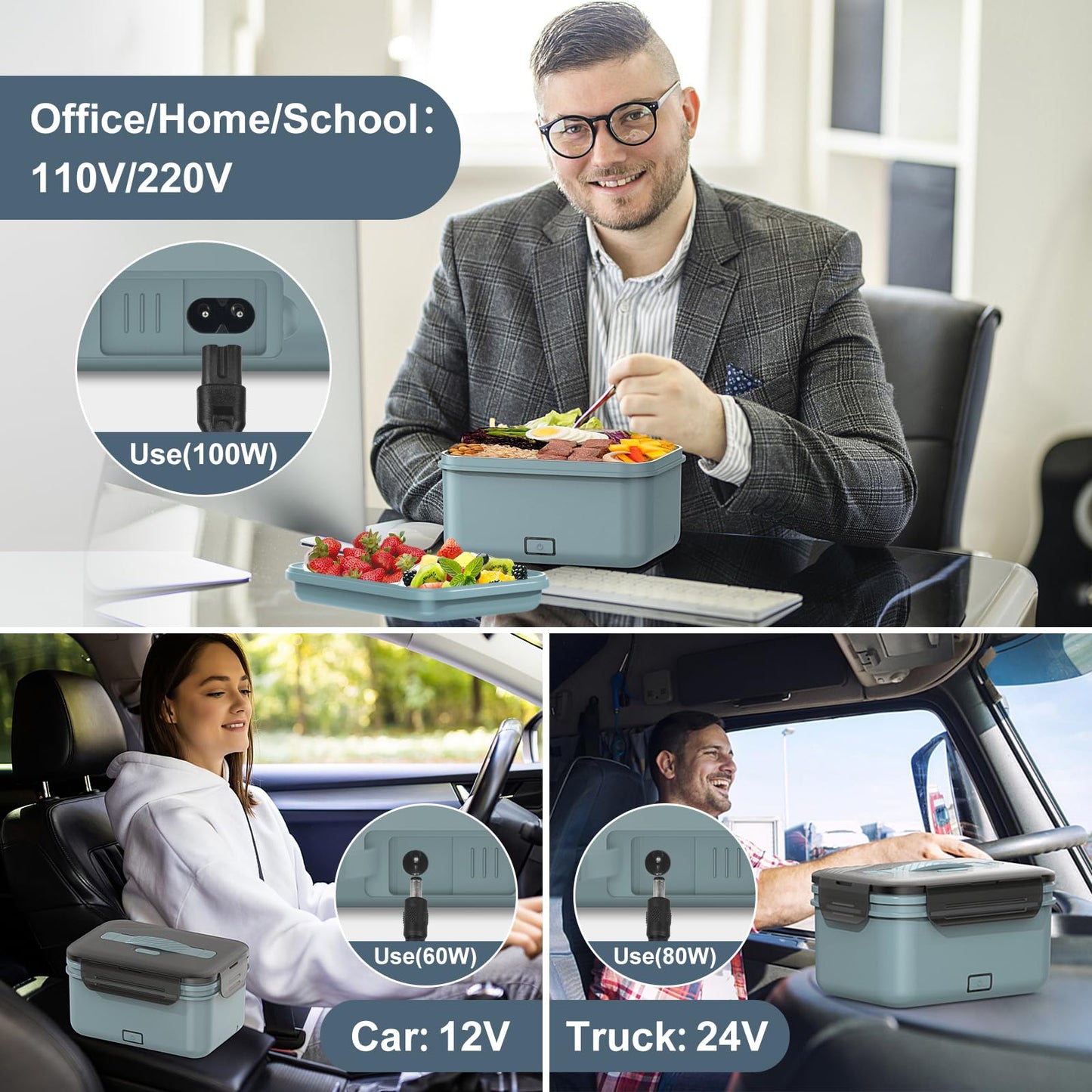 Herrfilk Electric Lunch Box Food Heater 100W, 4 in 1 Ultra Quick Heated Lunch Boxes for Adults 12V/24V/110V/220V Portable Food Warmer for Car/Truck/Office With Fork Spoon and Insulated Carry Bag