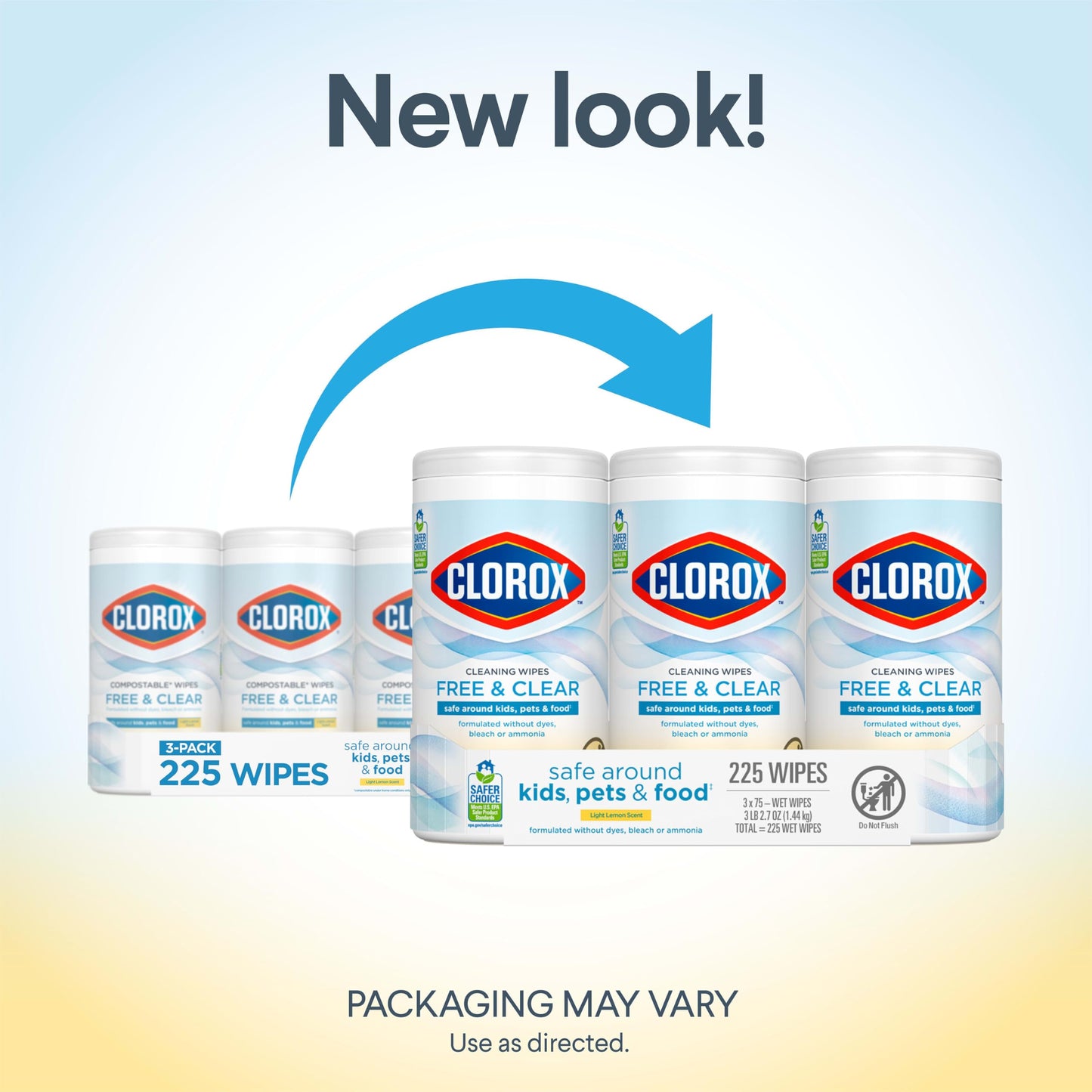 Clorox Free & Clear Cleaning Wipes, Light Lemon Scent, 75 Count, Pack of 3 (Pack May Vary)