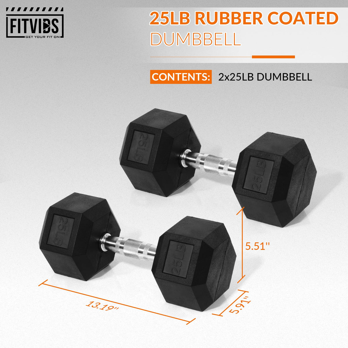 Fitvids Hex Dumbbells Rubber Coated Hand Weights Pairs for Exercises and Fitness, 25 LB Pair