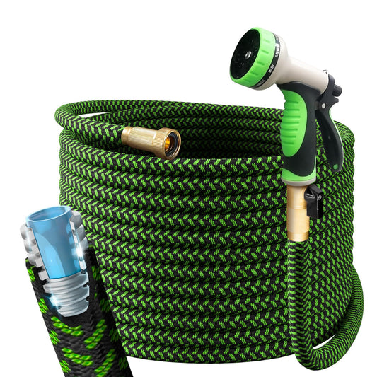 PowerFlow Garden Hose, NON-EXPANDABLE 25 Feet Premium Quality Stainless Steel Metal Water Hose with Durable Fabric Skin, Hose For Commercial, Residential Use, Bonus 10-way Spray Nozzle (25 Ft, Green)