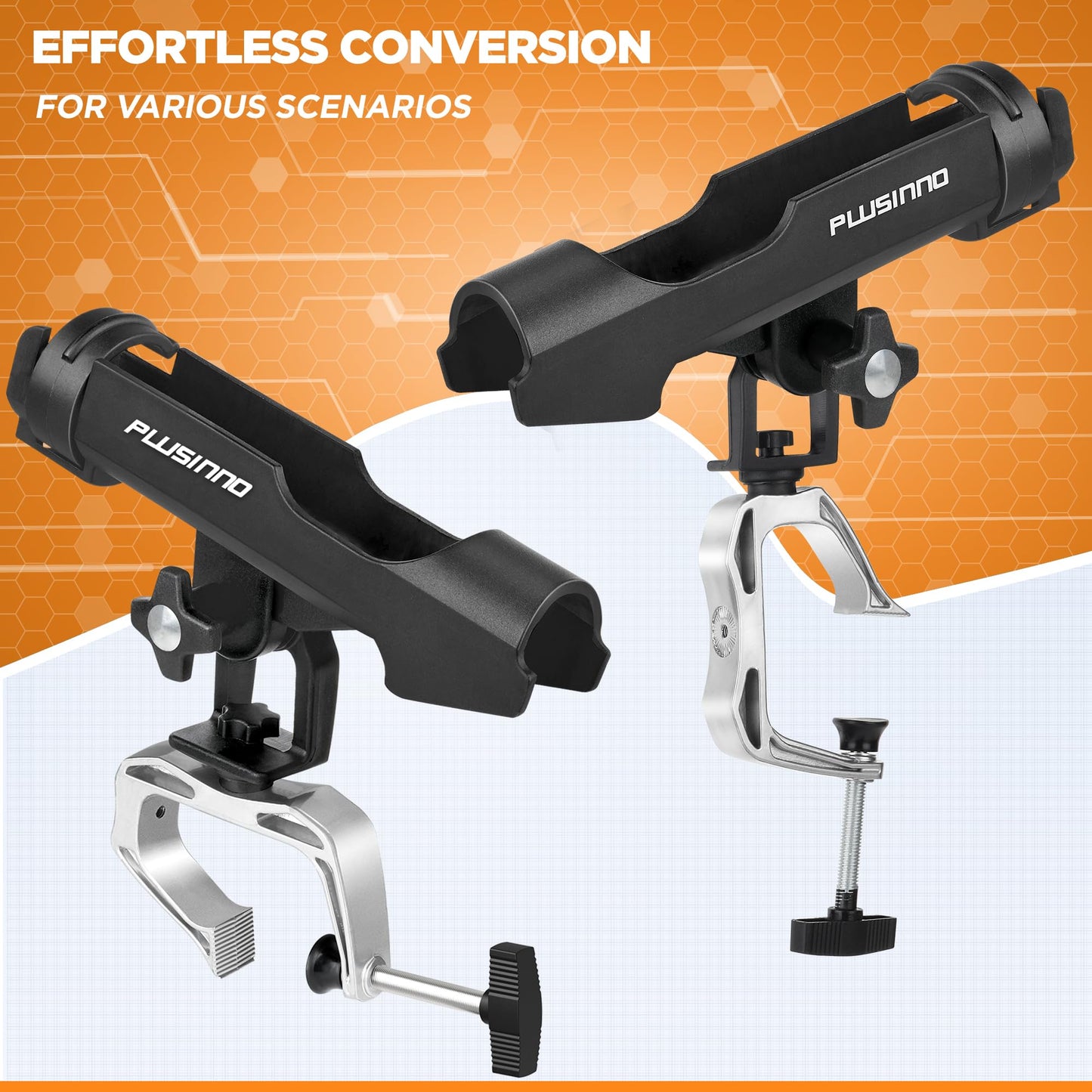 PLUSINNO Fishing Boat Rods Holder with Large Clamp Opening 360 Degree Adjustable Fishing Rod Racks Folding Holder (2 Pack)