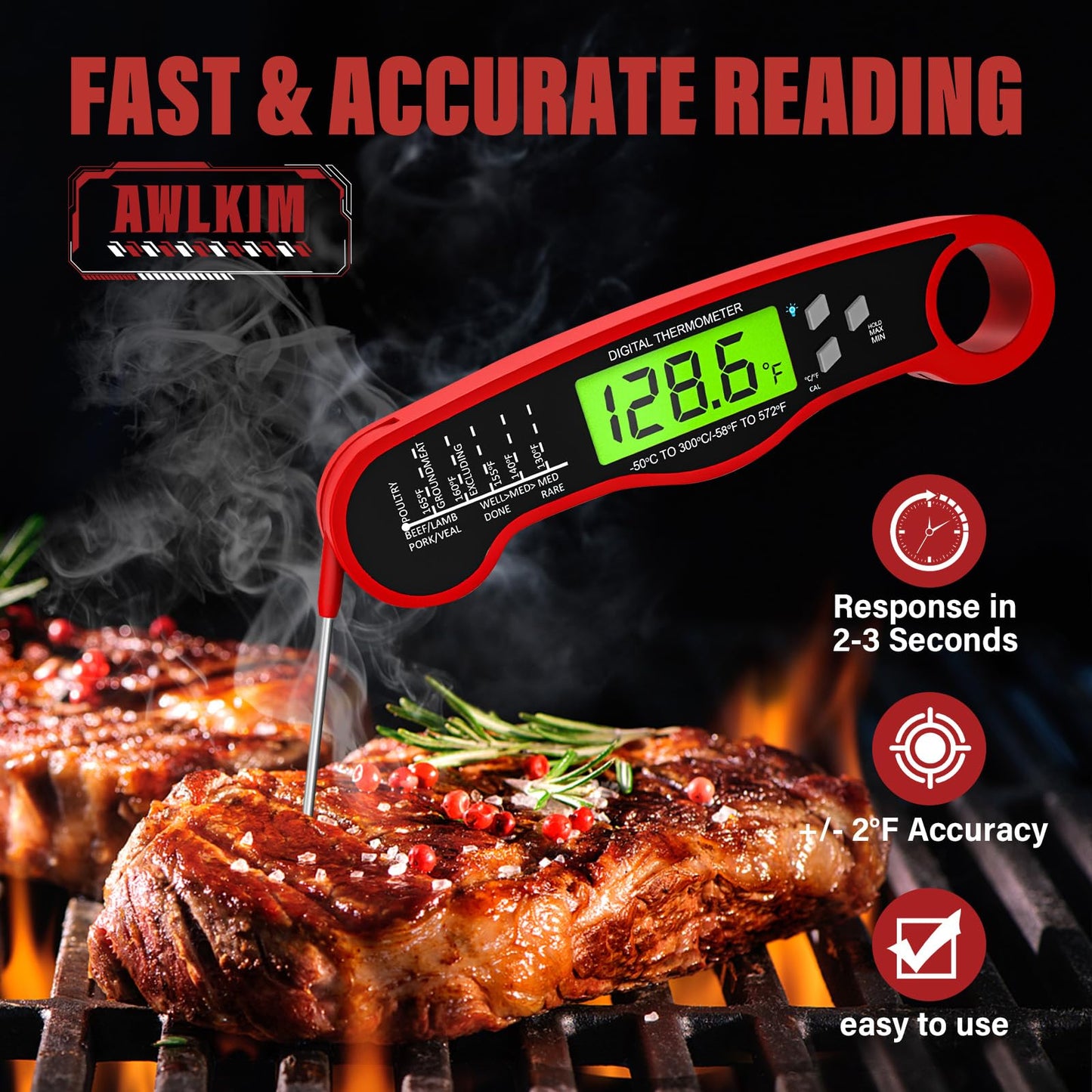 AWLKIM Meat Thermometer Digital - Instant Read Waterproof Food Thermometer with Backlight for Cooking, Grill, Candy, Kitchen & Stocking Stuffers for Men - Red