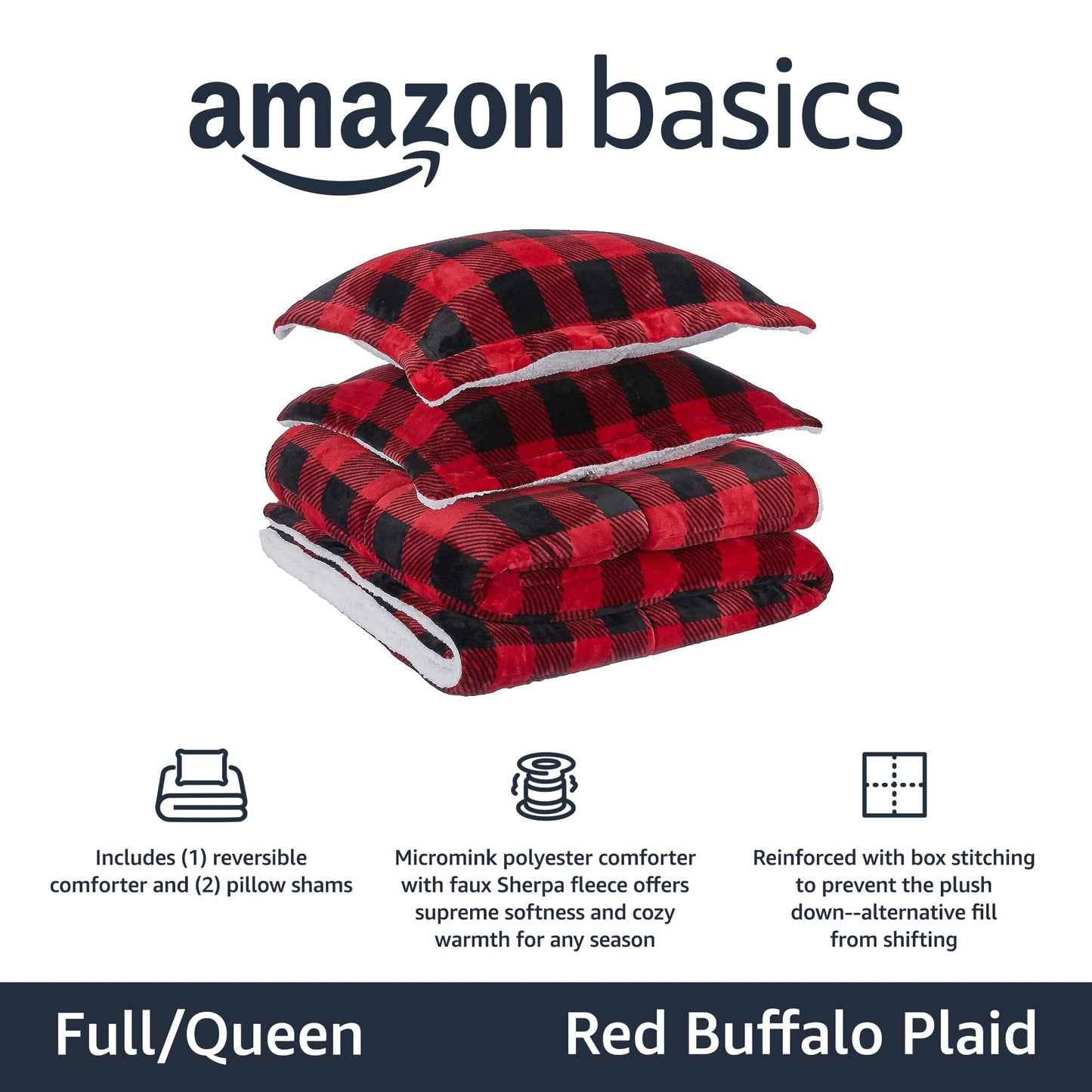 Amazon Basics 3 Piece Bedding Set, Micromink Sherpa, Ultra-Soft, Warm All Season Comforter, Full/Queen, Red Buffalo Plaid