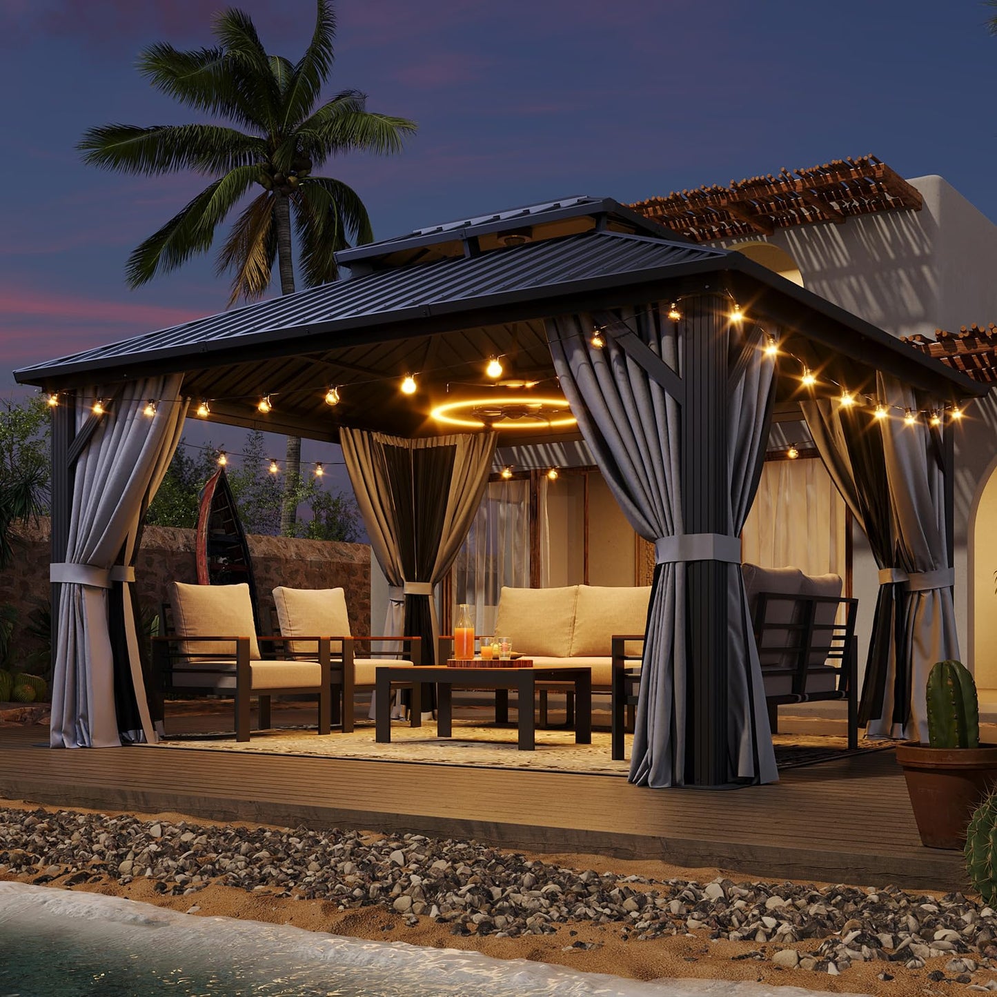 Aoxun Hardtop Gazebo 10x12, Aluminum Frame Canopy with Double Galvanized Steel Roof, Outdoor Gazebo with Breathable Netting and Privacy Curtain for Backyard