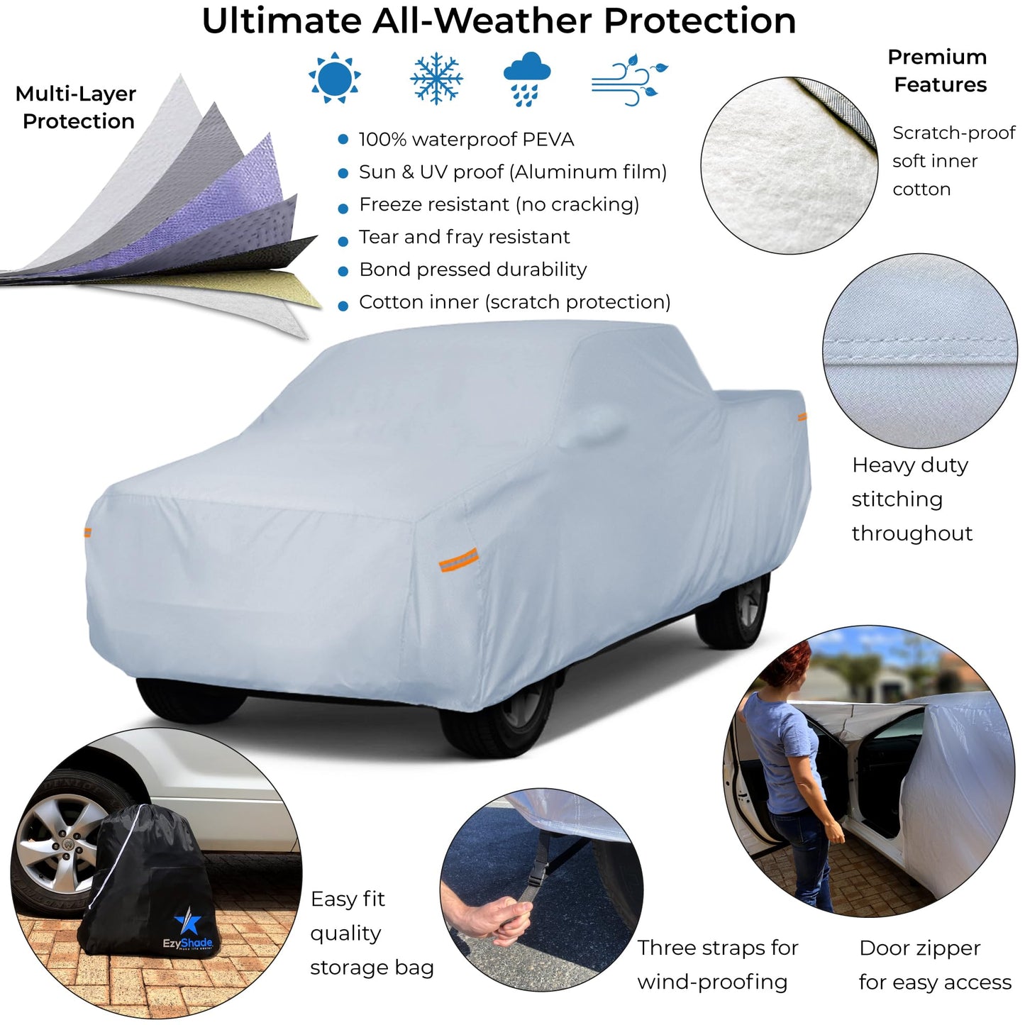 EzyShade 10-Layer Truck Cover Waterproof All Weather. See Vehicle Size-Chart for Accurate Fit. Full Outdoor Pickup Truck Covers for Silverado F150 RAM 1500. Sun Wind Rain. Size T4 (See SizeChart)