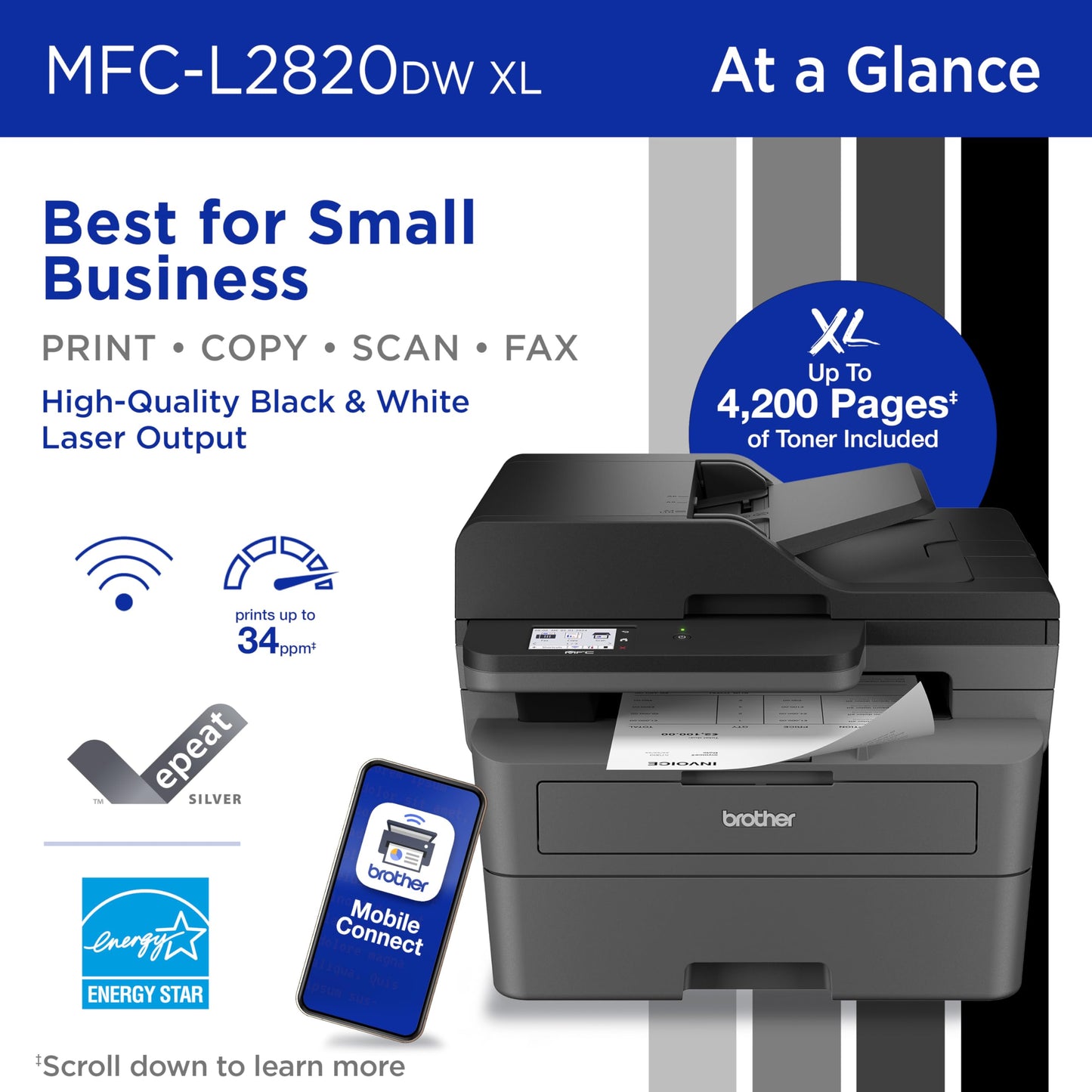 Brother MFC-L2820DW XL Wireless Compact Monochrome All-in-One Laser Printer with Copy, Scan and Fax, Duplex, Black & White | Up to 4,200 Pages of Toner Included(1), Amazon Dash Replenishment Ready