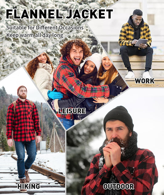 WENTTUO Mens Flannel Plaid Jacket Long Sleeve Fleece Sherpa Lined Winter Jacket Warm Coat