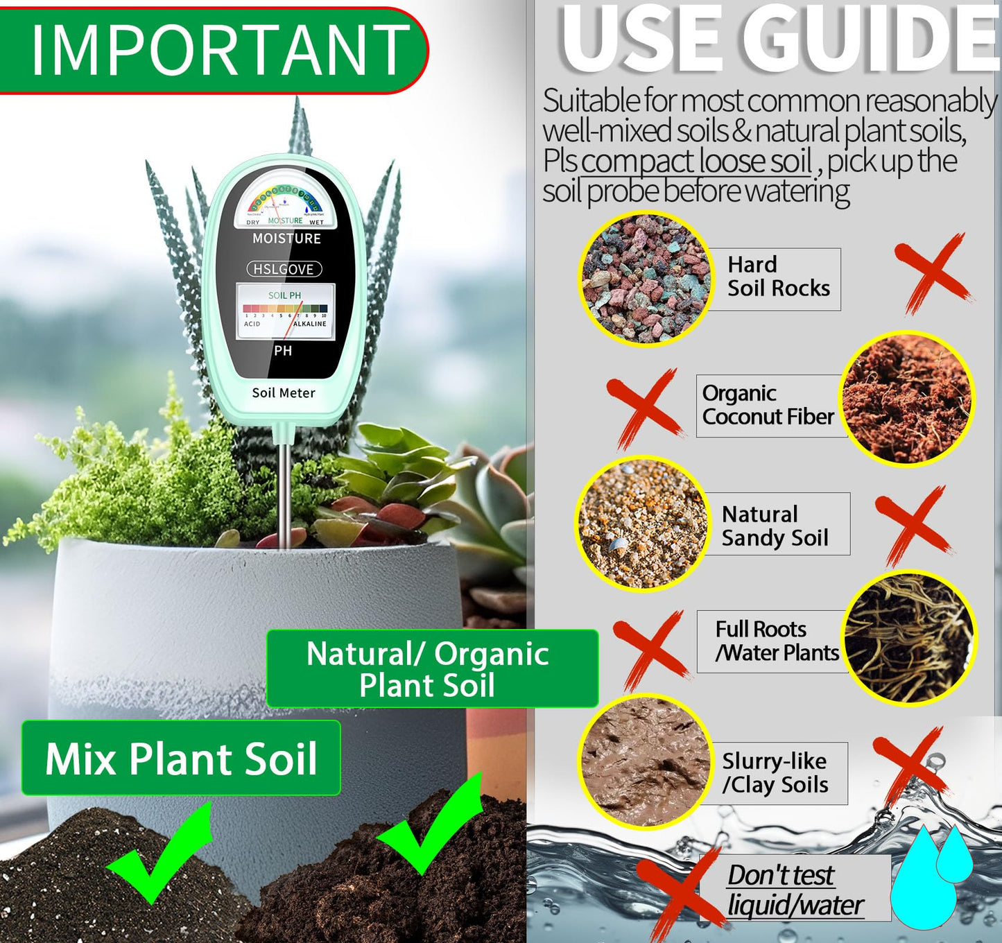 HSLGOVE Soil Test Kit, 2-in-1 Soil Moisture Meter/Soil PH Meter, Dual Screen Soil Tester, Soil Moisture Meter for Plants Watering/Gardening for Lawn,Farm Indoor&Outdoor Use-Bluegreen