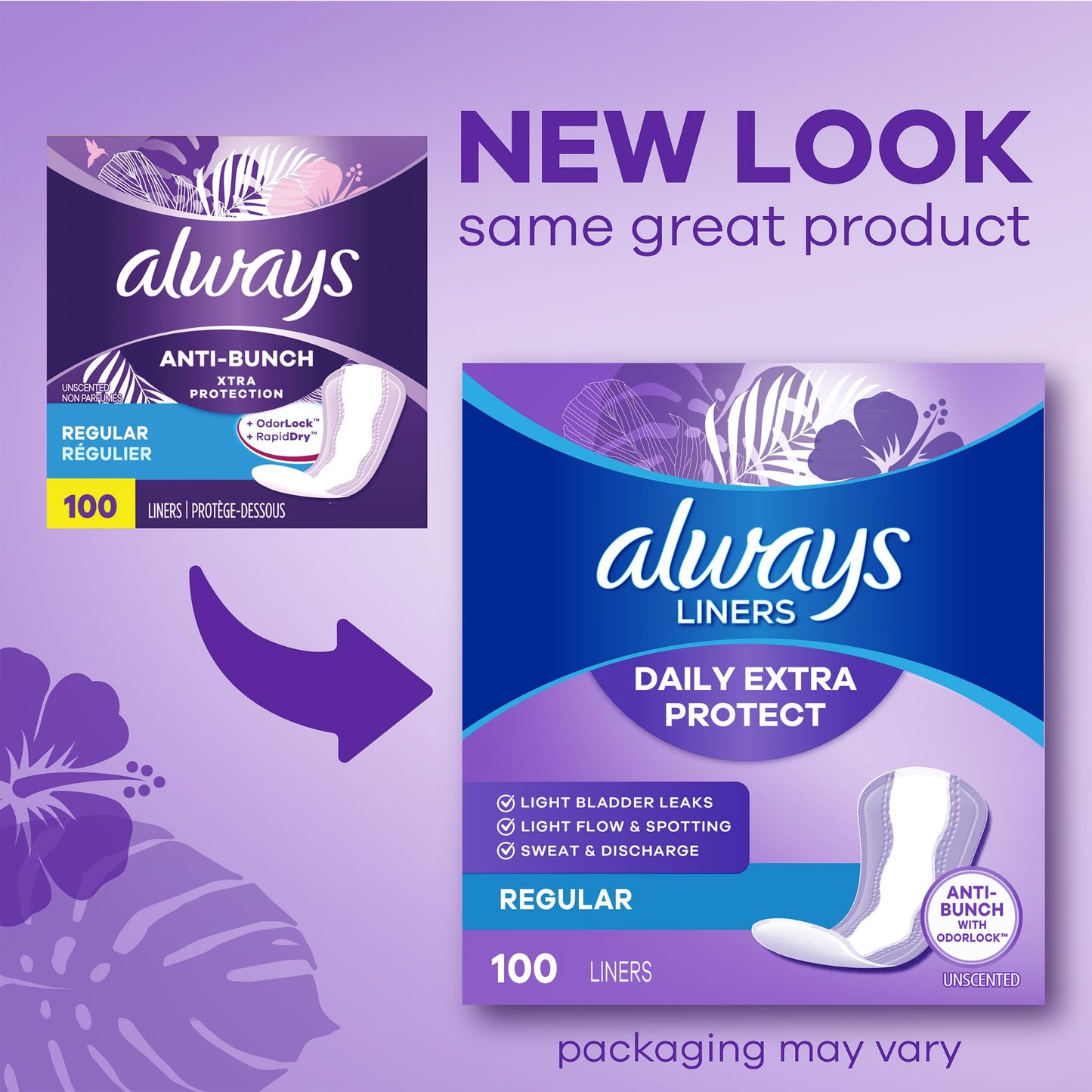 Always Daily Extra Protect Liners, Extra Long Length, Scented Panty Liners, Feel Clean and Comfortable for up to 10 Hours, 60 Count (Packaging May Vary)
