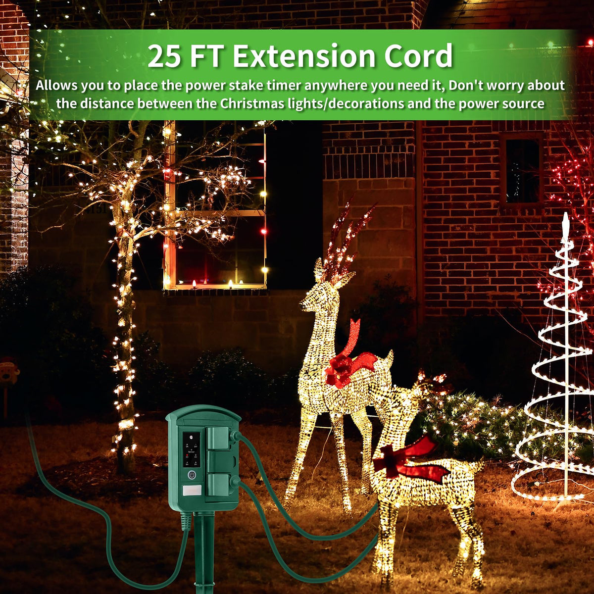Outdoor Power Stake Timer for Christmas Light Decorations Waterproof, Dusk to Dawn, Outdoor Power Strip with 6 Outlets, 1875W/15A, 100FT Wireless Remote Control, 25FT Extension Cord, Heavy Duty