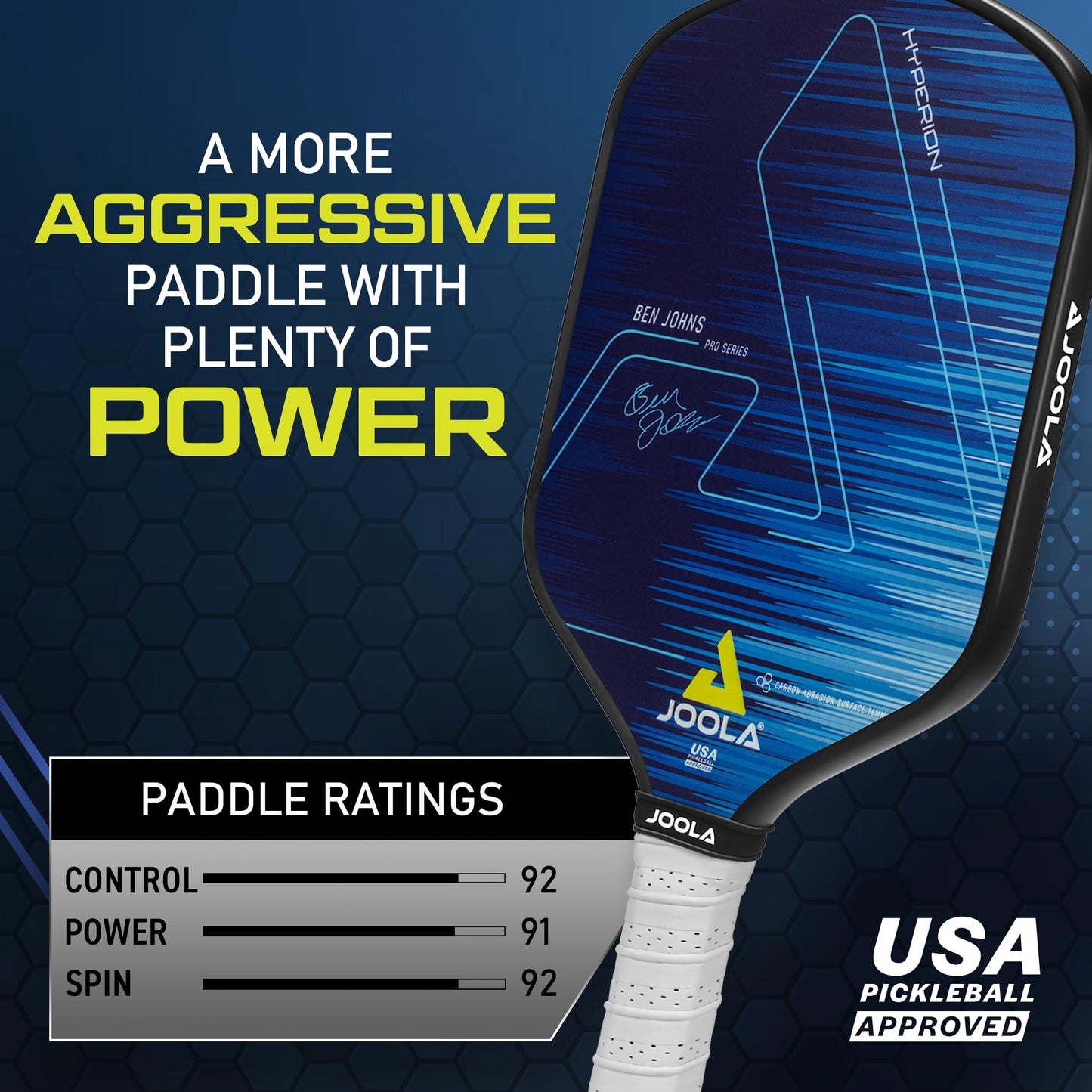 JOOLA Ben Johns Hyperion CAS 16 Pickleball Paddle - Carbon Abrasion Surface with High Grit & Spin, Sure-Grip Elongated Handle, 16mm, with Polypropylene Honeycomb Core, USAPA Approved