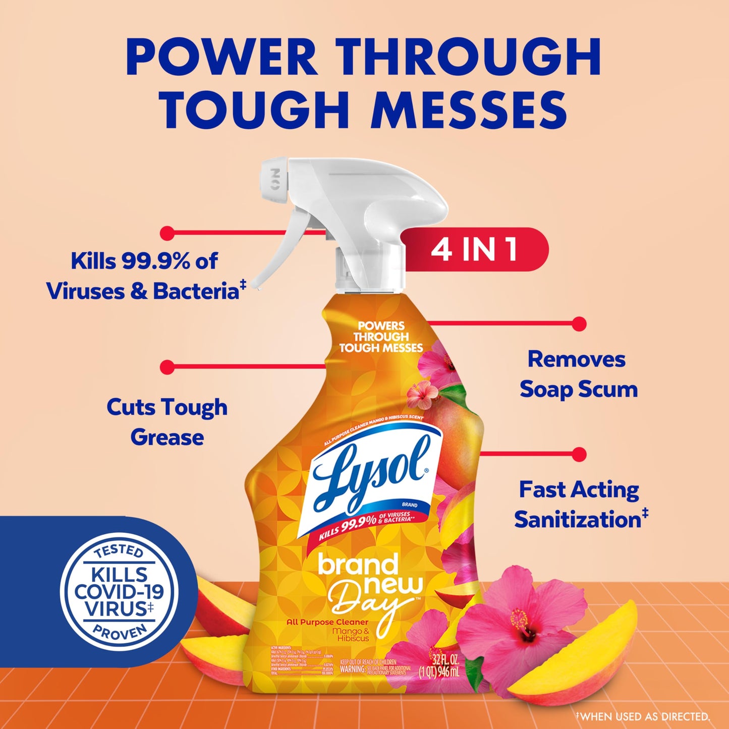 Lysol All Purpose Cleaner Spray, Multi-Purpose Disinfecting Spray, Kitchen & Bathroom Cleaner, Mango & Hibiscus Scent, 32 Fl Oz