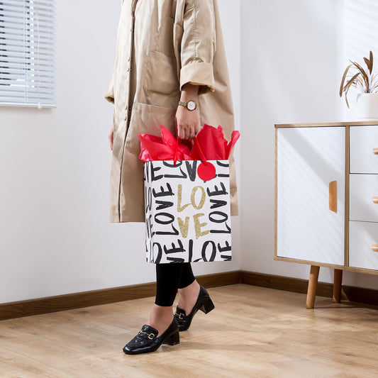 SUNCOLOR Large Valentine's Day Gift Bag with Tissue Paper, Black and Gold Love Design, 13 x 10.2 x 4.7 Inches, for Birthday, Mother's Day