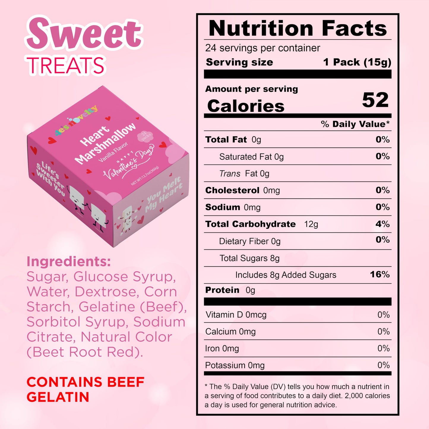 4E's Novelty Heart Marshmallows (24 Packs) Pink & White Valentine Marshmallows Mini Individually Wrapped for Hot Chocolate, Valentines Candy Bulk for Kids Classroom Exchange Party Favors