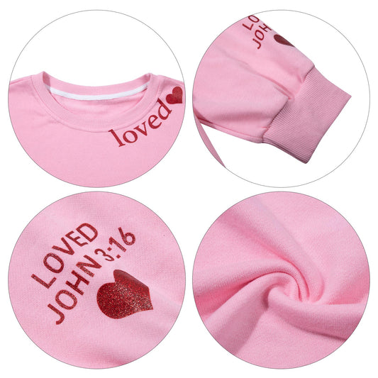 MOUSYA Valentines Day Sweatshirt Women Love Heart Graphic Shirts Christian Pullover Long Sleeve Tops Pink