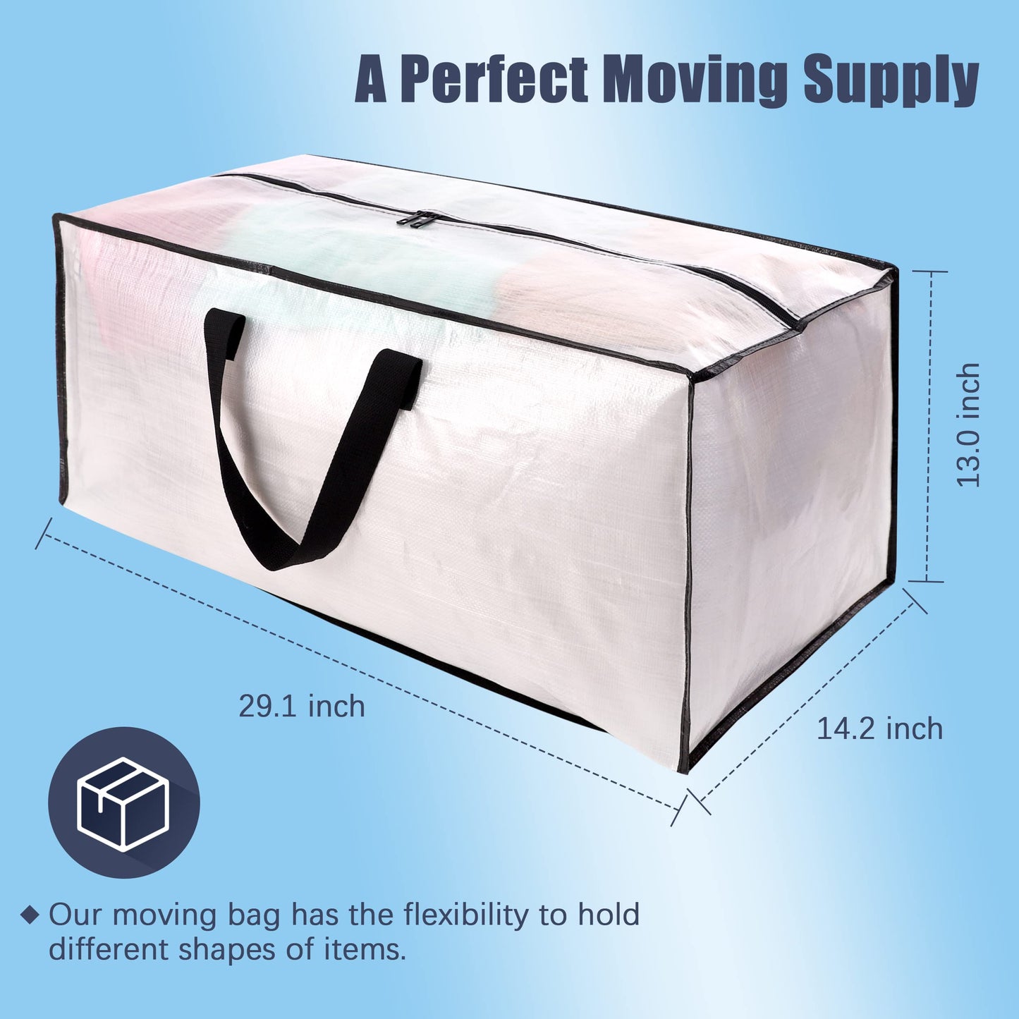 HOMESURE 12 Pack Large Strong Moving Bags with Zippers & Carrying Handles - Water-Resistant - Heavy Duty Storage Tote for Space Saving, Fold Flat, Alternative to Moving Box (Semi-Transparent)