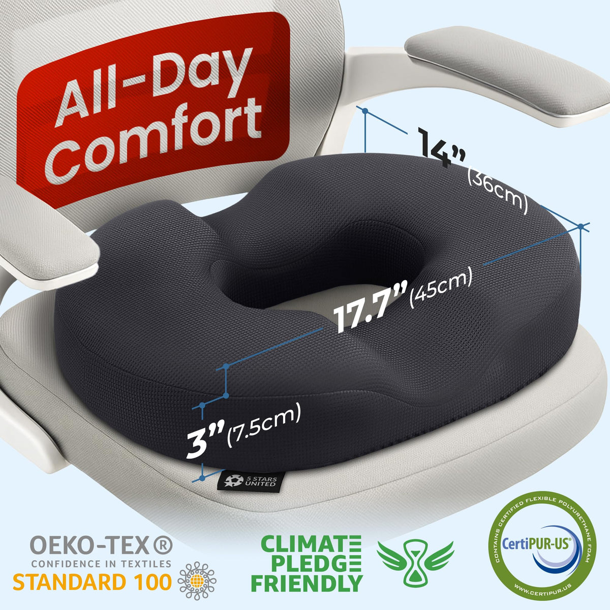 5 STARS UNITED Donut Pillow Hemorrhoid Tailbone Cushion โ Large Cushion for Pain Relief โ Coccyx, Prostate, Sciatica, Pelvic Floor, Pressure Sores, Pregnancy, Postpartum Recovery, Black
